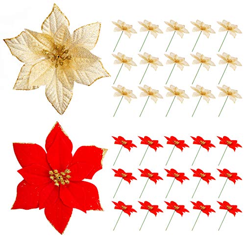 30Pcs Decorazioni Fiori Artificiali Natale Glitter Poinsettia Fiori Finti Ornamenti Alberi Natale Per Addobbi Albero Di Natale