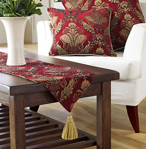 Runner Da Tavola Shiraz – Bordeaux Rosso E Oro – Ricamato Damascato Jacquard – Rivestimento Antiscivolo – Nappe – 100% Poliestere – 33 X 230 Cm (33 X