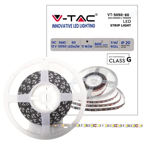 V-Tac Striscia Led Da Interno Smd 5050 11W - 5 Metri - Striscia Led Adesiva Per Casa, Cucina, Camera, Ambienti Interni - Luce Bianco Calda 3000K - Str