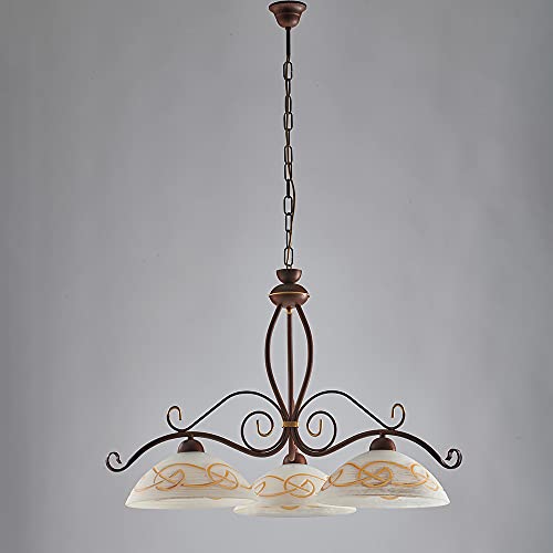 Be Light Lampadario Rustico 3Luci Ferro Battuto Nero E Ruggine Vetro Ambra Serie Faraone