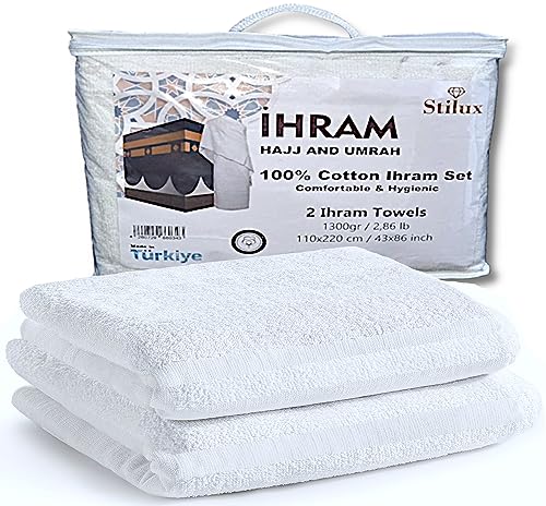 Stilux Set Da Uomo Ihram Ehram Ahram Per Hajj E Umrah, 1300 G, 2 Asciugamani Bianchi 110 X 220 Cm, 100% Cotone Naturale, Igienico, Comodo E Ad Asciuga