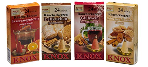 Knox, Set Di 4 Coni Di Incenso Natalizi, Al Pan Di Zenzero, Alle Mandorle Tostate, Al Vin Brulé Classico E Al Vin Brulé Alla Frutta, Formato: M, 96 Pe