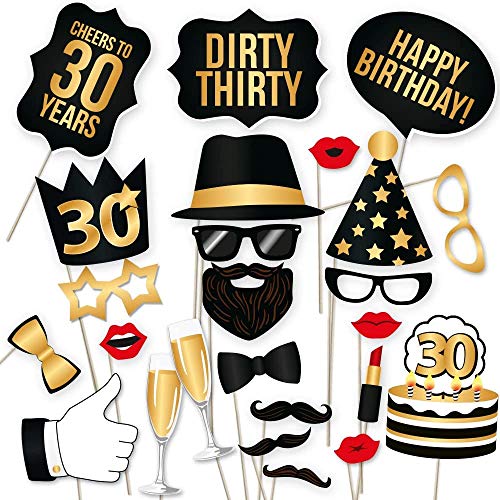 34 Pezzi Photo Booth Compleanno,30 Anni Photo Booth Accessori,Set Di Oggetti Scena Per Foto Di Compleanno,Fai Da Te Photo Booth Puntelli Kit,Per Selfi