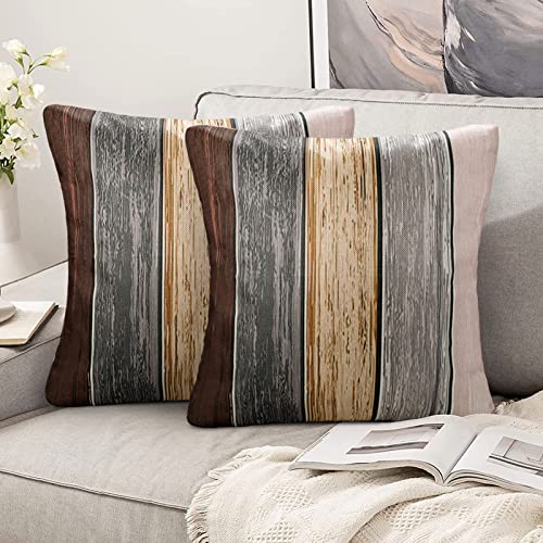 Fodere Per Cuscini 40X40 Marrone Grigio Set Di 2 Federe 40X40 Lino Moderno Fodere Decorative Per Cuscini 40X40 Quadrato Legno Striscia Retro Cuscino P