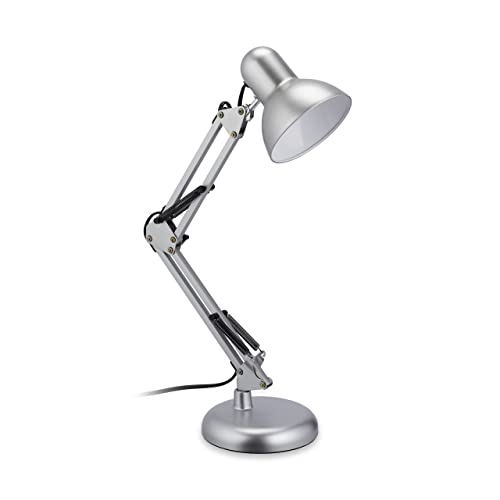 Relaxdays Lampada Da Tavolo Vintage, Abat Jour Con Paralume Inclinabile, E27, Luce Ufficio E Studio, In Metallo, Argento