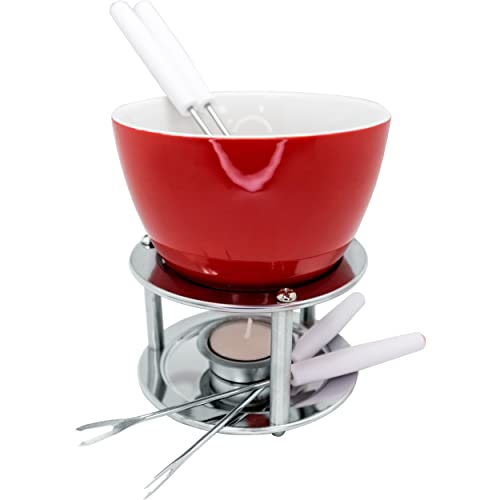 Vin Bouquet Fih 022 - Fonduta Cioccolato/Formaggio Ceramica, Con Candela Inclusa E 4 Forcelle, Base Inox, Colore Bianco E Rosso