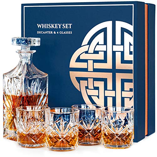 Set Bicchieri Whisky Decanter Vetro, Caraffa Whisky Con Bicchiere Da Whiskey Set 4 In Confezione Regalo Originale, Kit Whisky Completo Regali Per Uomo