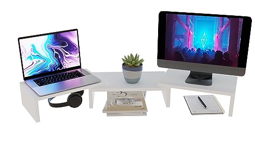 Comfortcove Supporto Per Doppio Monitor, Supporto Per Monitor, Organizzatore Per Scrivania, Supporto Per Laptop, 3 Ripiani A Lunghezza Regolabile, Ide