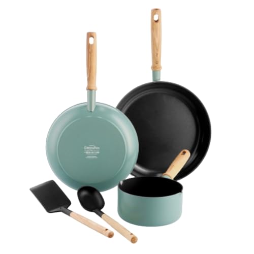 Greenpan Mayflower Set Di Pentole Antiaderenti In Ceramica Da 5 Pezzi, Include Padelle, Casseruole E Utensili In Nylon, Manico In Legno Vintage, Senza