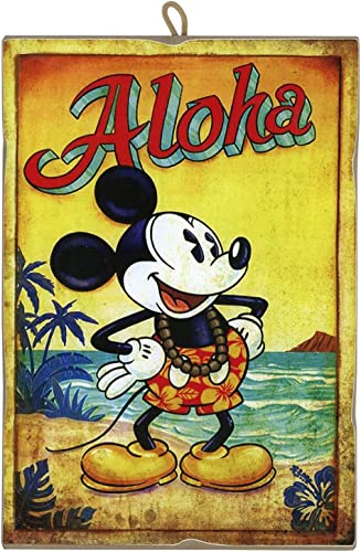 Kustom Art Quadro Quadretto Stile Vintage Serie Personaggi Disney Topolino - Mickey Mouse Aloha Stampa Su Legno 10X15 Cm