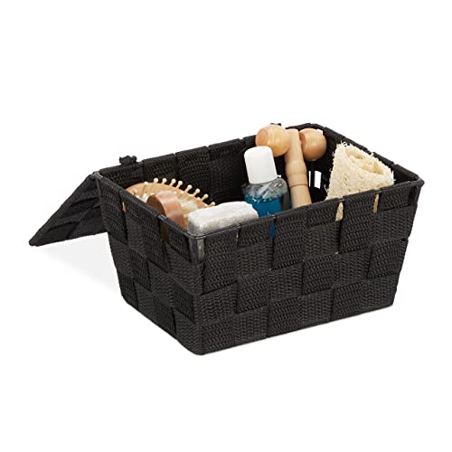 Relaxdays Cestino Con Coperchio, Portaoggetti Da Bagno, Pp Intrecciato, Hlp 10,5X19,5X14,5 Cm, Nero, 1 Pz