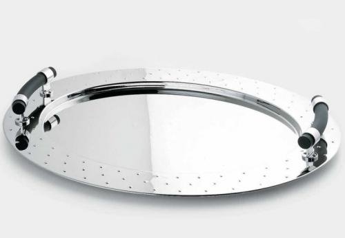 Alessi - Mg09 - Vassoio Ovale In Acciaio Lucido Con Manici In Pa, Nero.