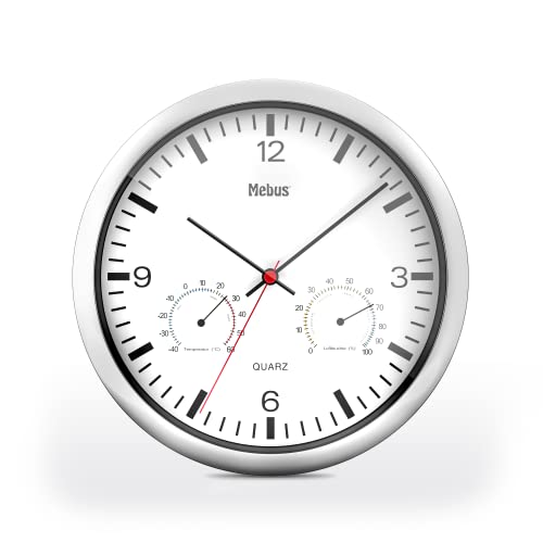 Mebus Quarz-Wanduhr Mit Thermometer Und Hygrometer/Silberner Rahmen/Weißes Zifferblatt / 25Cm Durchmesser/Rund/Modell: 56730 / Farbe: Silber, Weiß