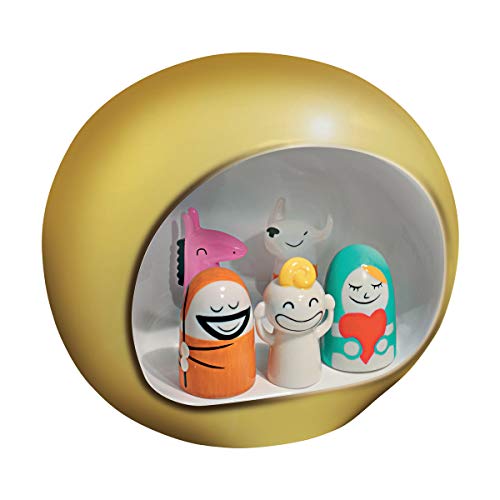 Alessi Amgi10 Gd - Presepe Di Design Con Riproduzione Della Grotta E Statuine In Porcellana Decorate A Mano, Oro, 5 Pezzi