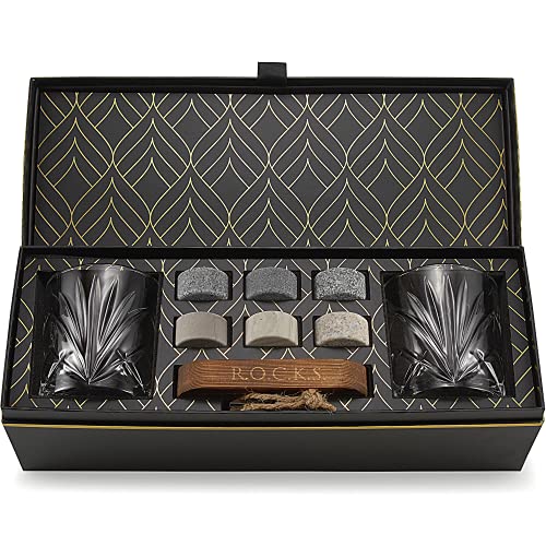 Set Whisky Con Pietre Whisky Refrigeranti - 6 Cubetti Per Whisky In Granito Artigianali -2 Bicchieri Whisky Superior - Vassoio In Legno Duro - Elegant