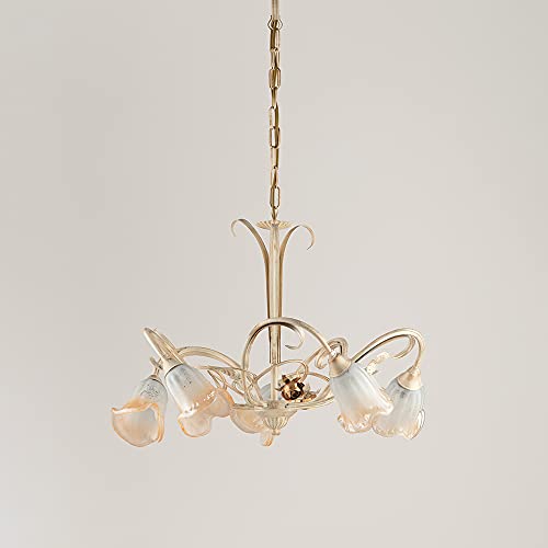 Lampadario Classico Arte Povera 5 Luci Ferro Battuto Avorio E Oro Serie Cestino