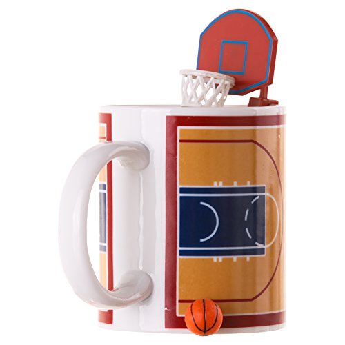 Mags 303 - Tazza Da Basket Con Palla E Cestino, In Ceramica, Marrone, Bianco, 12 Cm
