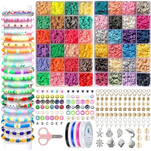 Perline Per Braccialetti, 6Mm Kit Perline Per Bigiotteria Fai Da Te 10400Pezzi 48 Colori Perline Piatte Colorate Set Con Elastic Thread Creare Gioiell