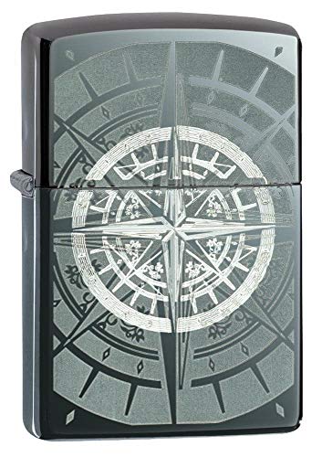 Zippo Pvd Black Ice-Rosa Dei Venti, Accendino Antivento, Ricaricabile A Benzina Unisex-Adulto, Nero Lucido, Regular 5.7 X 3.7 X 1.2 Cm