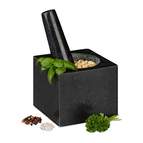 Relaxdays Mortaio & Pestello In Granito, Robusto & Resistente, Erbe Aromatiche, Quadrato, V 250 Ml, 9,5X11X11Cm, Grigio