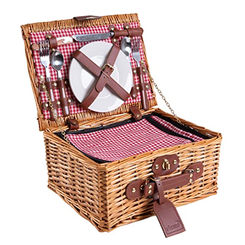 Egenuss Cestino Da Picnic In Vimini Per 2 Persone Con Scompartimento Isotermico E Accessori Inclusi – Fantasia A Quadretti Rossi E Bianchi, 35 X 27 X