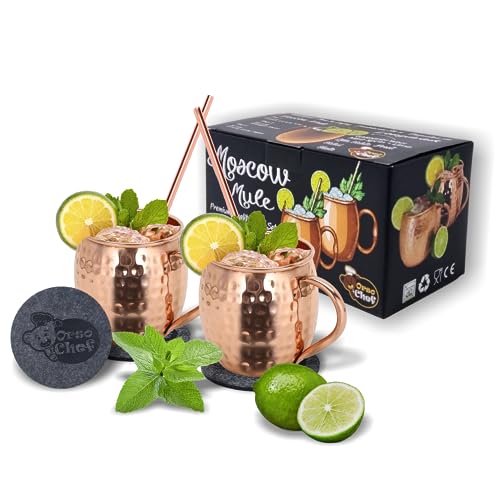 Orso Chef Bicchieri Moscow Mule Rame | Bicchiere Cocktail | Tazza Mug Moscow Mule | Set 2X Tazze 2X Cannucce 2 X Sottobicchieri | Bicchieri Rame Capac