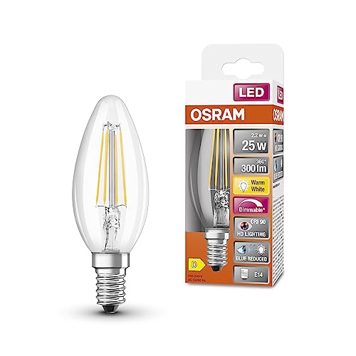 Osram Lampada Led Superstar+ Classic B Fil 25, E14, Candela, 2.2W, 300Lm, 2700K, Luce Bianca Calda, Componente Blu E Affaticamento Visivo Notevolmente