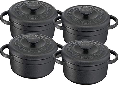 Tefal Pierre Gagnaire Heritage - Set Di 4 Mini Casseruole In Ghisa Di Acciaio, Rotonde, 10 Cm/0,3 L, Induzione E223S404, Colore: Nero