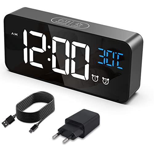 Hermic Sveglia Digitale, Sveglia Da Comodino Con Temperatura, Orologio Digitale Con 2 Allarme, Snooze, 4 Livelli Di Luminosità, Controllo Vocale, Usb