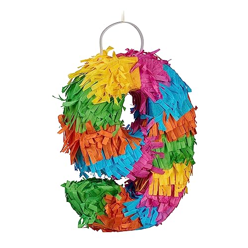 Relaxdays Pinata 9" Pignatta Numero 9, Mini Piñata Da Appendere, Gioco Bambini, Compleanni, Da Riempire, 20 X 15 X 4 Cm, Colorata, 80% Cartone 20% Car