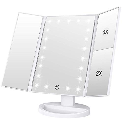 Weily Specchio Trucco Con Luci Trifold Dello Specchio Di Trucco Illuminato Con L'Ingrandimento Di 1X/2X/3X, Le Notti Naturali Del Led, Lo Schermo Di T