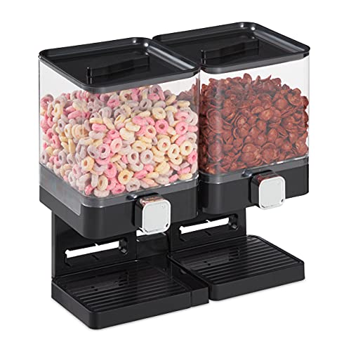 Relaxdays Dispenser Cereali Doppio, Distributore Per I Corn Flakes, I Cioccolatini E I Dolcetti, In Plastica, Nero, 1 Pz