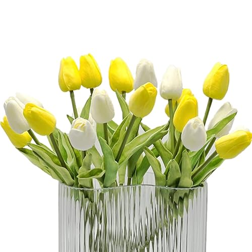 Easylife - Tulipani Artificiali Da 12,6 '', 20 Pezzi E 2 Colori Per Set, Bianco E Giallo, Decorazione Per Matrimoni Per Interni Ed Esterni, Cucina, Uf