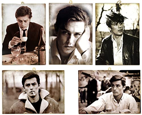 Kustom Art Set Di 5 Quadretti Stile Vintage Serie Attori Famosi Alain Delon Da Collezione Stampa Su Legno 18X25 Cm.