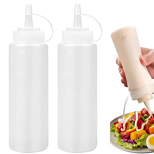 2Pcs Bottiglia Squeeze Di Plastica, 250Ml Bottiglia Per Squeeze Con Tappi, Bottiglia Squeeze Di Oliera, Trasparente Condimento Dispenser, Per Ketchup,