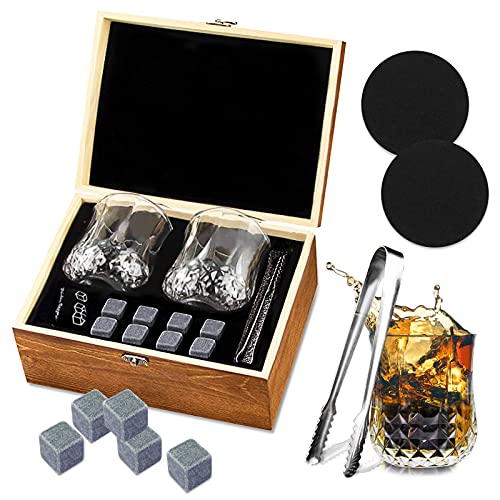 Topseas Whisky Stones Set Di Regalo,Bicchieri Di Whisky Set,8 Cubetti Di Ghiaccio Riutilizzabili + 2 Bicchieri Da Whiskey + 2 Coaster + Pinza + Sacca,