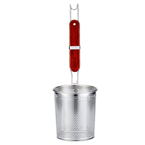 Tenta Kitchen Micro-Perforated Stainless Steel Pasta Basket Mesh Spider Food Dumpling Noodle Strainer, Skimmer Kitchen Fine Sieve With Wooden Handle (