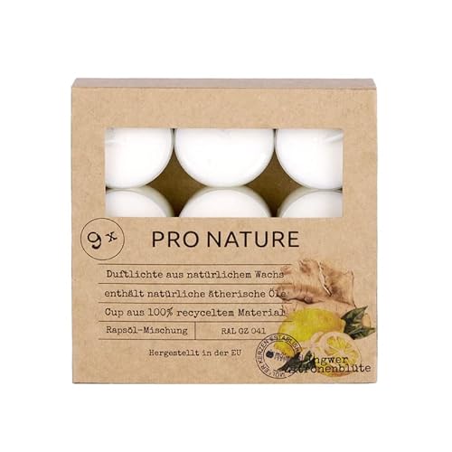 Müller Kerzen Pro Nature Candele Profumate Tealights - 9 Candeline Bianche Allo Zenzero & Fiore Di Limone - 38 X 24 Mm - Durata 6 Ore - Cera Naturale