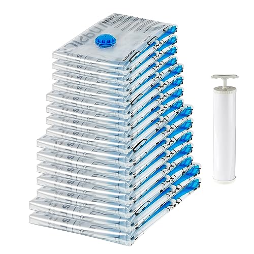 Amazon Basics Cerniera Sacchetti Sottovuoto Con Pompa A Mano, Confezione Da 15, 2 X- Jumbo, 5 Jumbo, 4 Grandi, 4 Medi, Trasparente