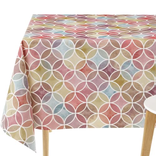 Kp Home Tovaglia Plastificata Rettangolare 140X200 Geometrica Cerchi Stampa Tovaglia Pvc Moderno Copritavolo Multicolore Rosso 6 Posti Tovaglia Plasti