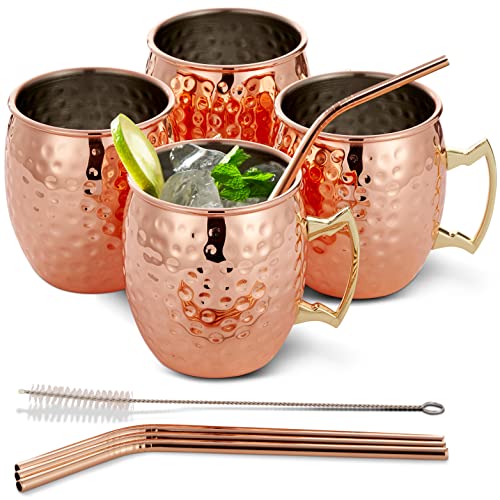 Oak & Steel - Confezione Da 4 Esclusivi Bicchieri Moscow Mule In Rame Con Spazzola In Acciaio Inossidabile E Cannuccia Per Bevande Fredde