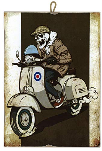 Kustom Art Quadro Quadretto Stile Vintage Serie Scooter "Vespa" Scheletro Alla Guida Stampa Sul Legno - 25 X 17 Cm.