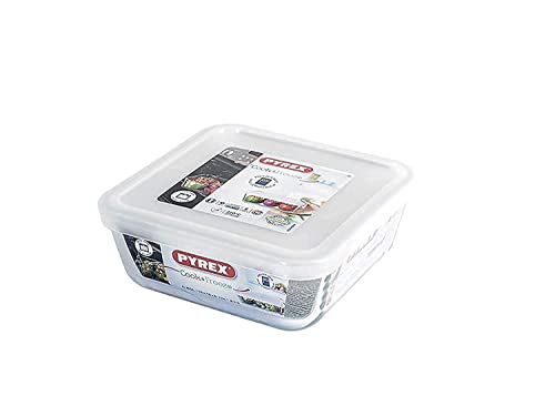Pyrex Cook&Freeze Contenitore Quadrato Con Coperchio, Vetro, Bianco, 0,85 Litri, Borosilicato, Trasparente