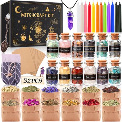 Mulevip Oggetti Kit 52 Pezzi Forniture Per Stregoneria, Per La Preghiera, Bottiglia Dei Desideri Di Cristallo, Fiori Secchi, Materiali Medicinali, ,In