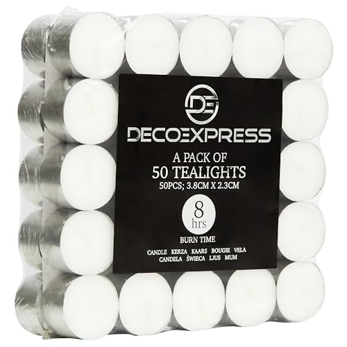 Candele Tealight - Candele Bianche 24/50/100/200 Pezzi Candele Piccole - Candele Lunga Durata 4/8/10 Ore - Lumini Candele Non Profumate (Bianco, 50 Pe