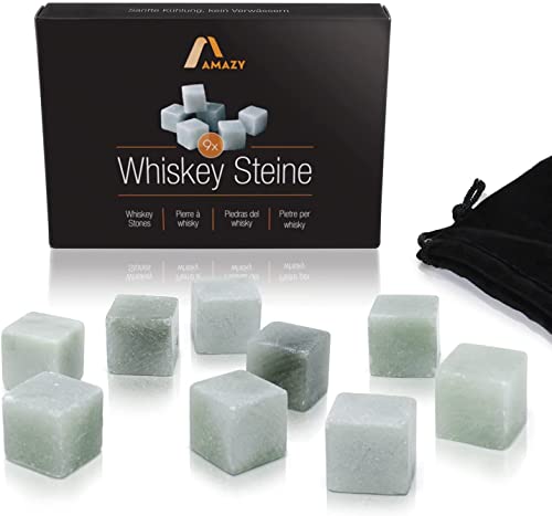 Amazy Set Whisky Stones In Pietra Ollare Naturale (9 Pezzi) Incl. Sacchetto Di Velluto - Cubetti Ghiaccio Whisky In Pietra Ollare Naturale, Riutilizza