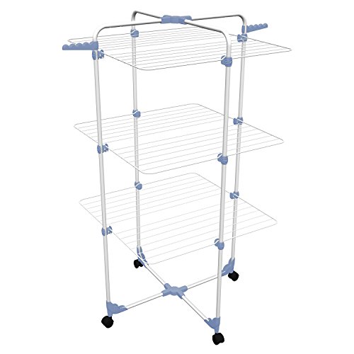 Gimi Modular 3 Stendibiancheria Da Pavimento, Stendino A Torre, Verticale, Con Ruote, Spazio Di Stenditura 30 M, Acciaio, Bianco/Blu, 71 X 71 X 132 Cm