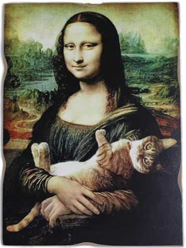 Kustom Art Calamita Stile Vintage La Gioconda Monna Lisa L. Da Vinci Con Gatto In Braccia Stampa Su Legno 10X6 Cm