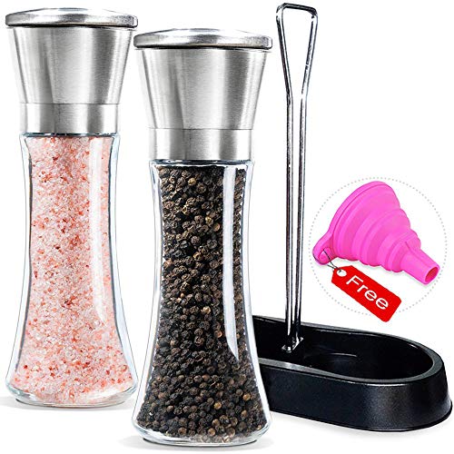 Macina Sale E Pepe Con Supporto, Set Macina Aale E Pepe In Acciaio Inossidabile, Macina In Ceramica Con 5 Livelli Regolabili Di Precisione E Imbuto, C