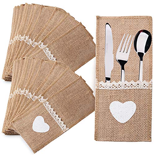 Flofia 40Pz Portaposate Iuta Tasche Sacchetti Borsa Porta Posate Iuta Per Coltello Forchetta Tovagliolo Con Pizzo Decorazione Tavala Portaposate Matri